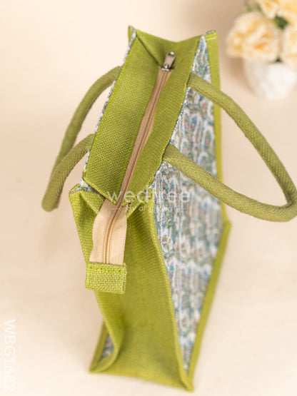 Floral Printed Jute Bag - Green - WBG1682
