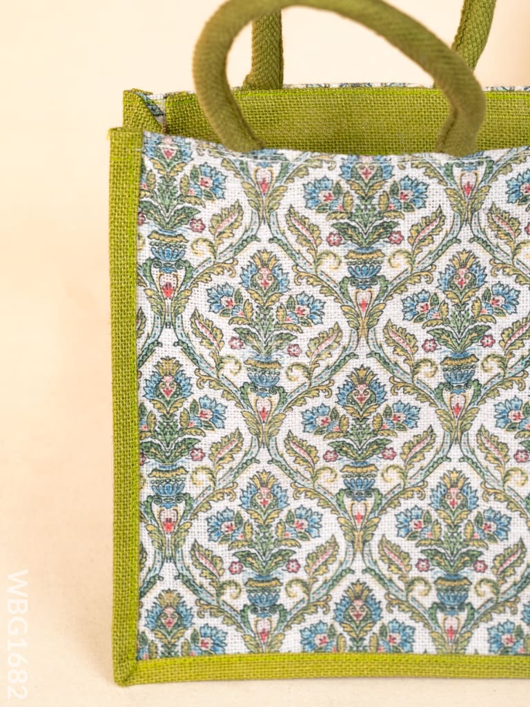 Floral Printed Jute Bag - Green - WBG1682