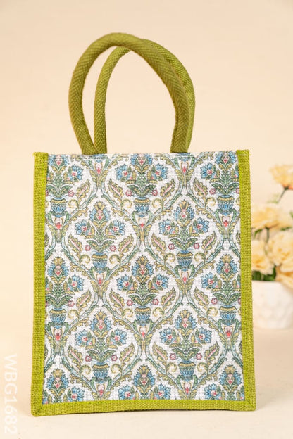 Floral Printed Jute Bag - Green - WBG1682