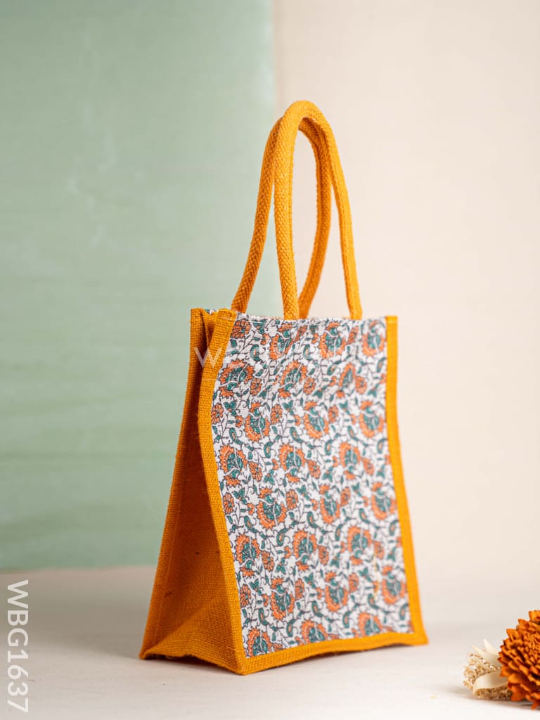 Floral Printed Jute Bag - Mustard - WBG1637