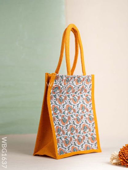 Floral Printed Jute Bag - Mustard - WBG1637
