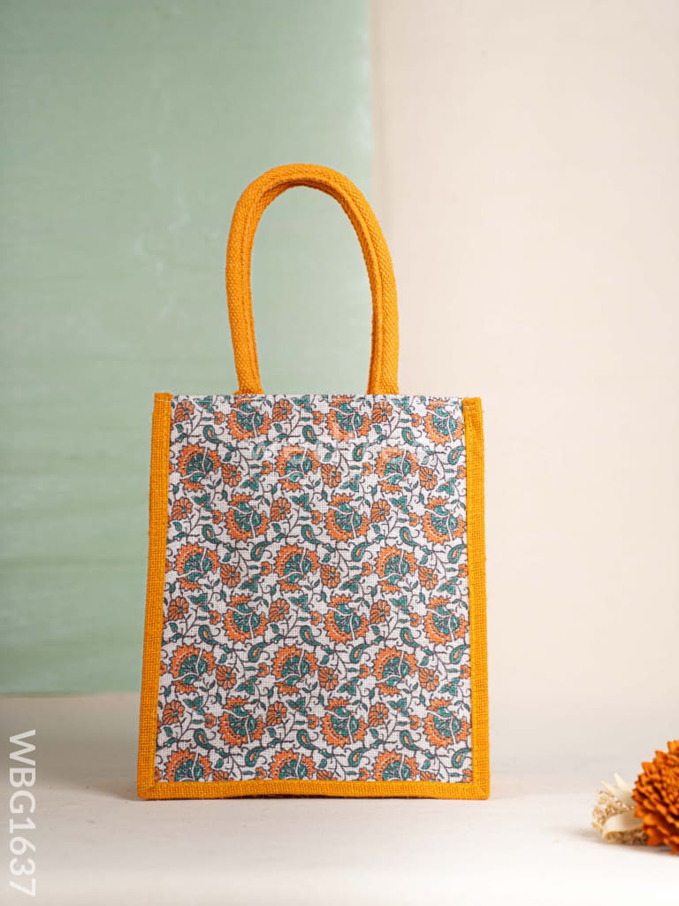 Floral Printed Jute Bag - Mustard - WBG1637