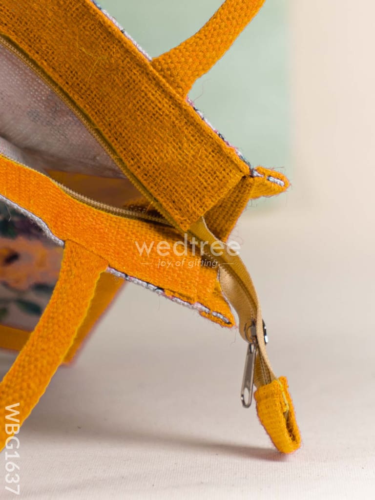 Floral Printed Jute Bag - Mustard - WBG1637