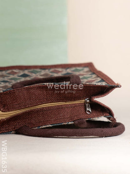 Geometric Printed Jute Bag - Brown - WBG1635