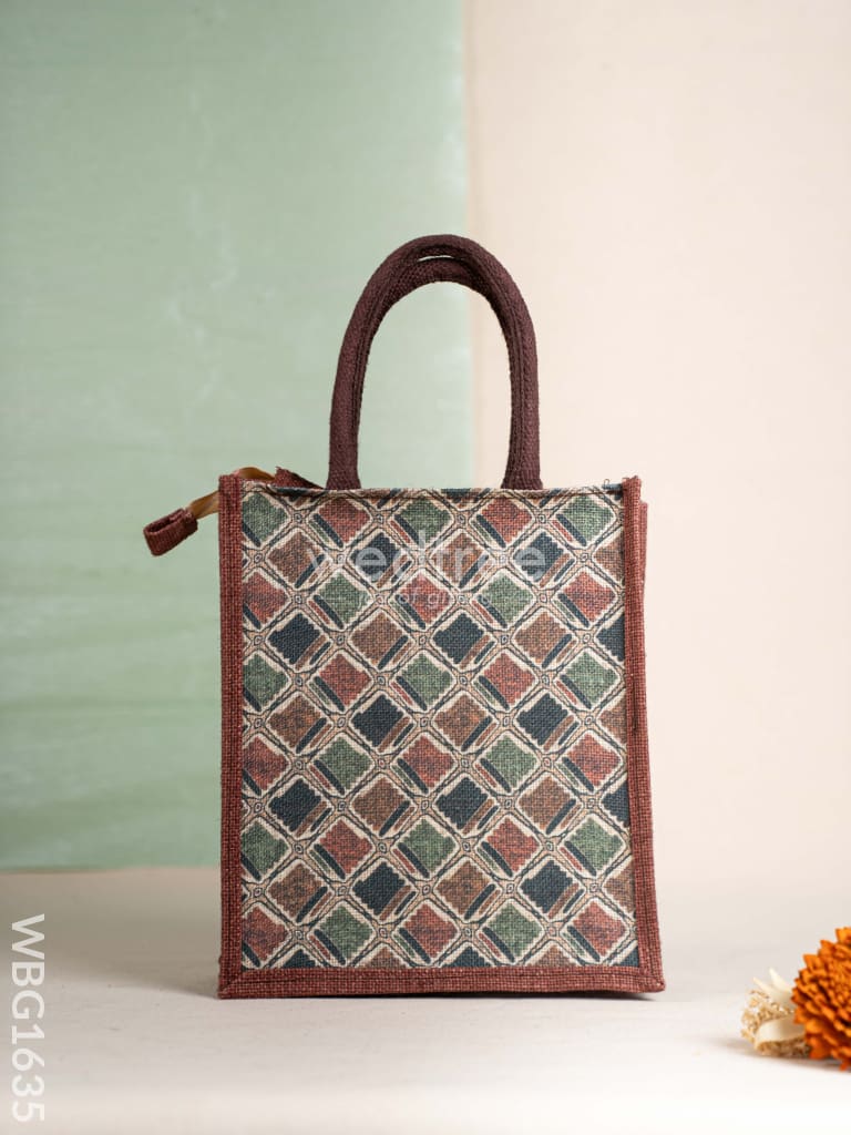 Geometric Printed Jute Bag - Brown - WBG1635