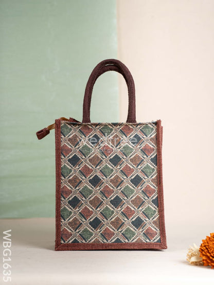 Geometric Printed Jute Bag - Brown - WBG1635