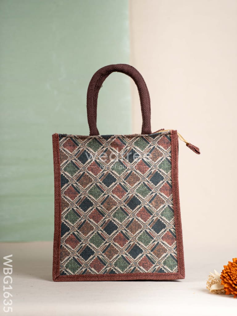 Geometric Printed Jute Bag - Brown - WBG1635