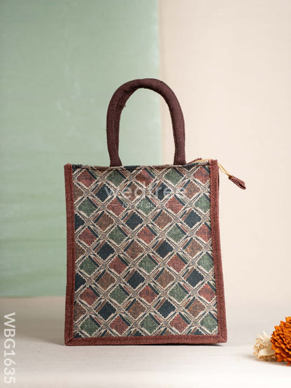 Geometric Printed Jute Bag - Brown - WBG1635