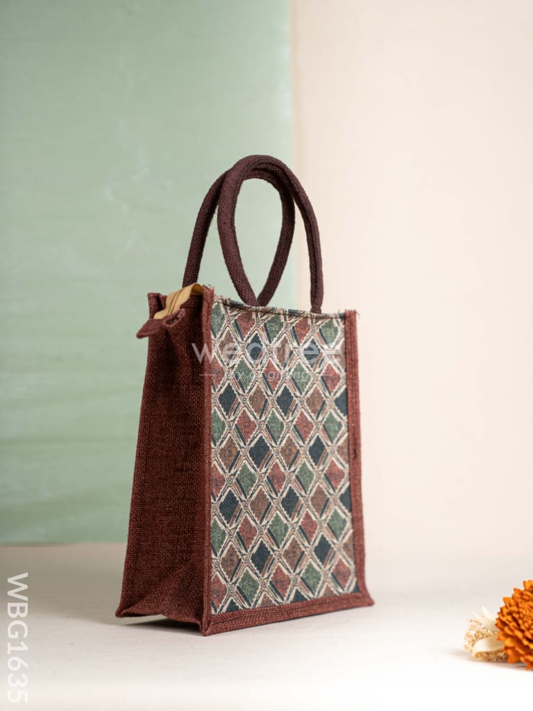 Geometric Printed Jute Bag - Brown - WBG1635