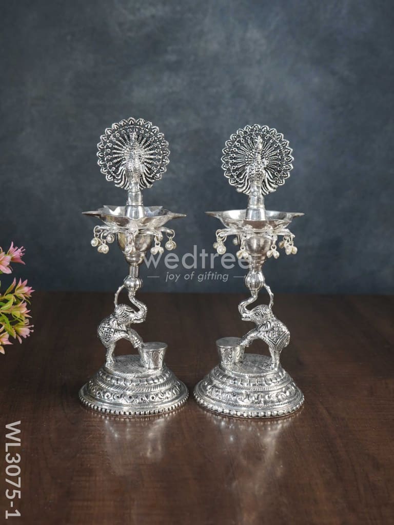 German Silver 5-Face Elephant Diya - Set of 2 - WL3075