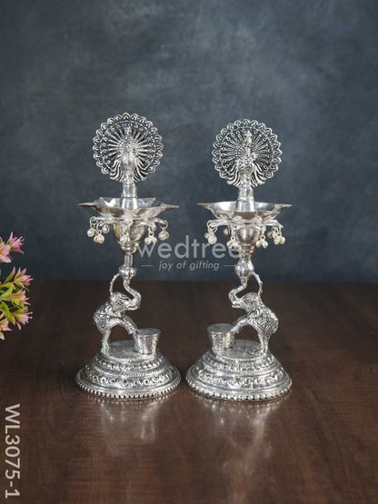 German Silver 5-Face Elephant Diya - Set of 2 - WL3075