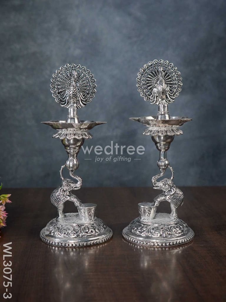 German Silver 5-Face Elephant Diya - Set of 2 - WL3075