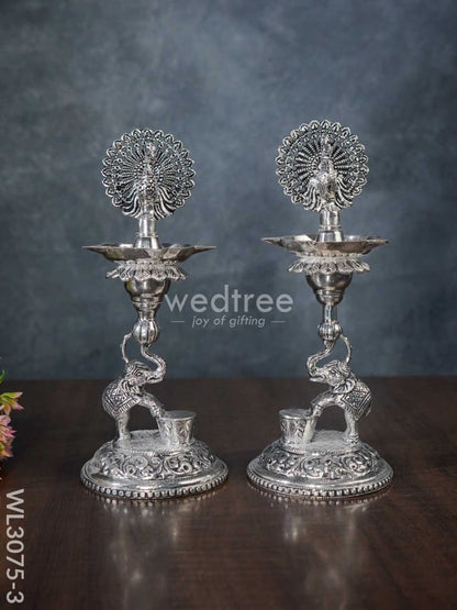 German Silver 5-Face Elephant Diya - Set of 2 - WL3075