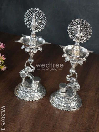 German Silver 5-Face Elephant Diya - Set of 2 - WL3075