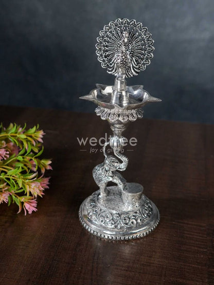 German Silver 5-Face Elephant Diya - Set of 2 - WL3075