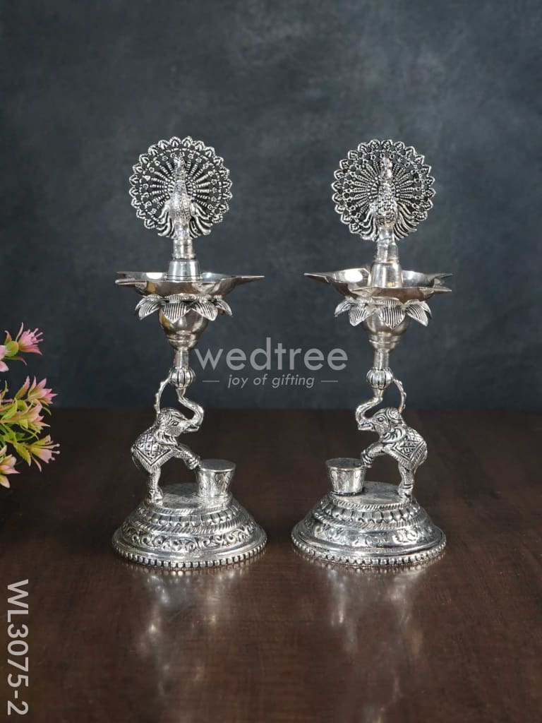 German Silver 5-Face Elephant Diya - Set of 2 - WL3075
