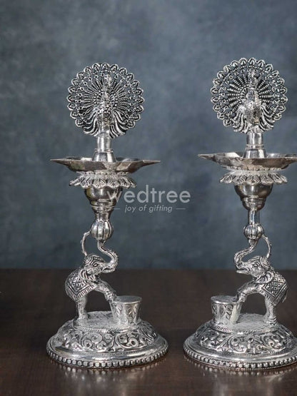 German Silver 5-Face Elephant Diya - Set of 2 - WL3075
