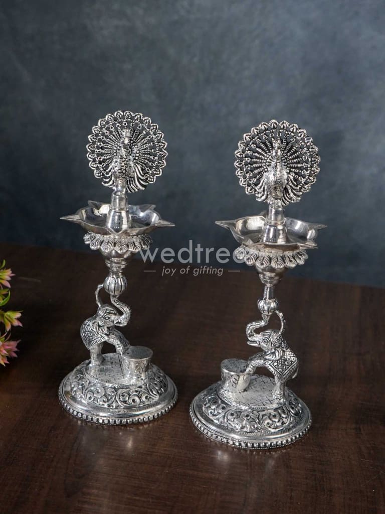 German Silver 5-Face Elephant Diya - Set of 2 - WL3075