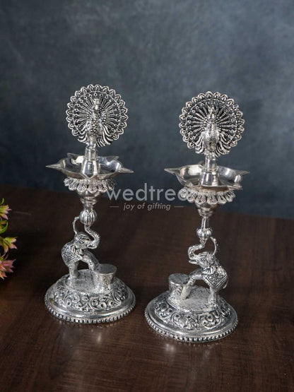 German Silver 5-Face Elephant Diya - Set of 2 - WL3075