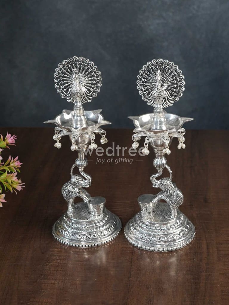 German Silver 5-Face Elephant Diya - Set of 2 - WL3075