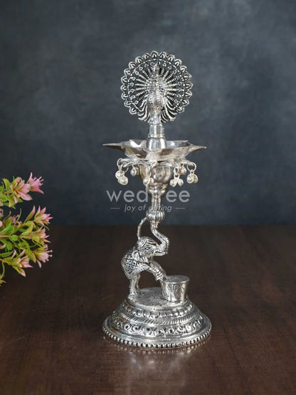 German Silver 5-Face Elephant Diya - Set of 2 - WL3075