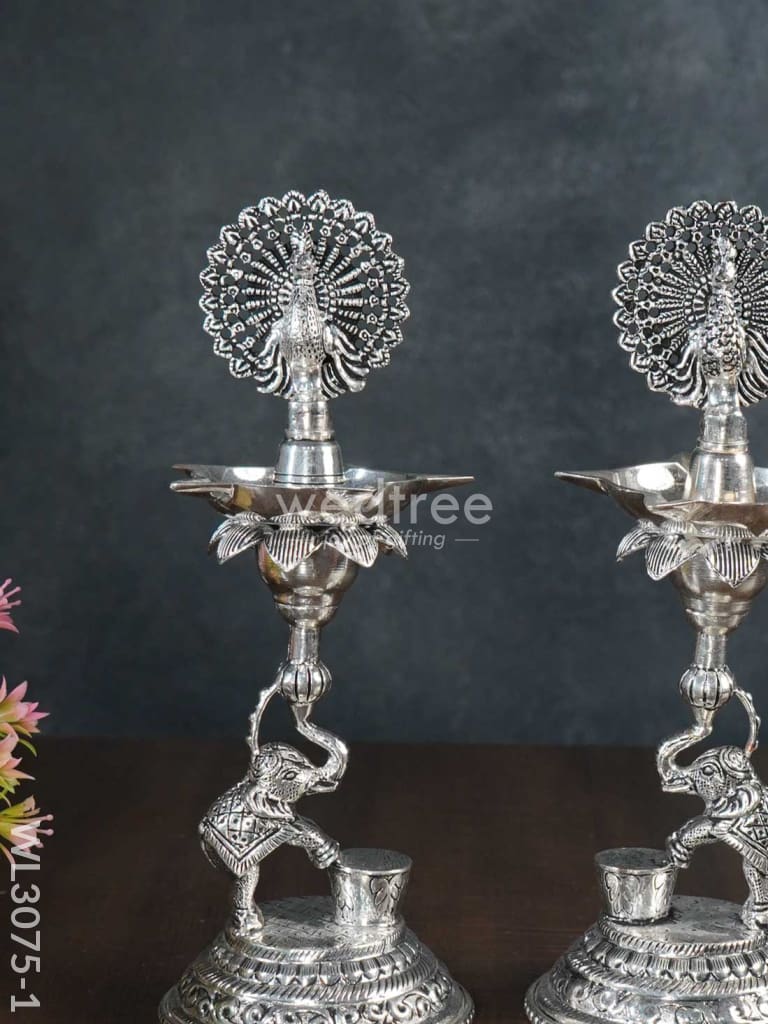 German Silver 5-Face Elephant Diya - Set of 2 - WL3075
