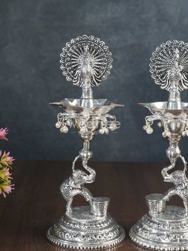 German Silver 5-Face Elephant Diya - Set of 2 - WL3075