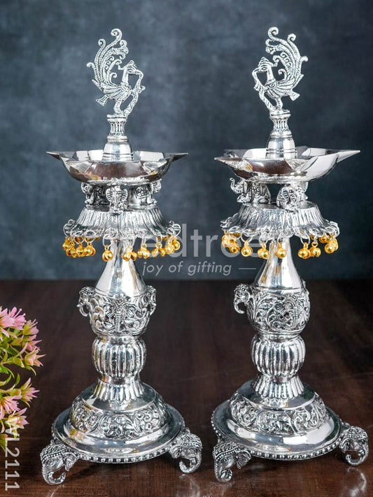 German Silver Annapakshi Kuthuvilakku with Elephant Leg (Antique Finish) - WL2111