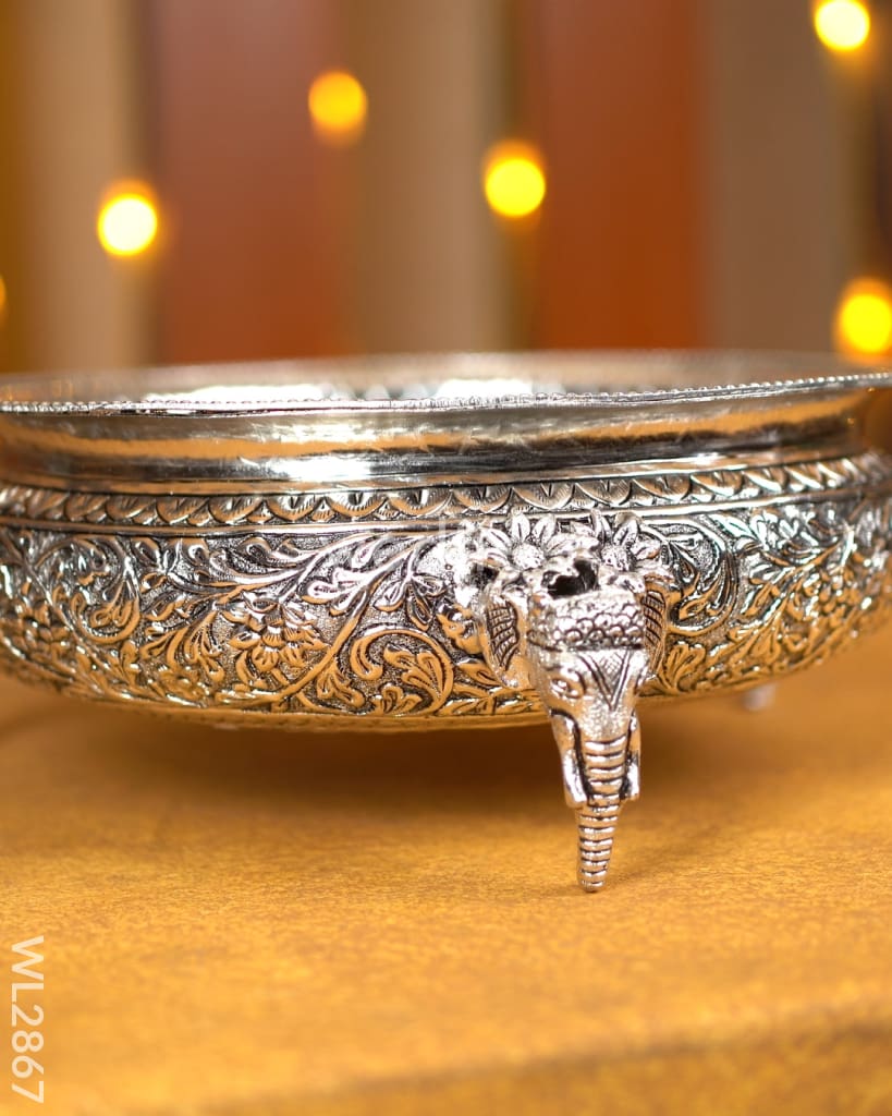 German Silver Antique Floral Urli with Elephant Stand - 11.5 inch - WL2867