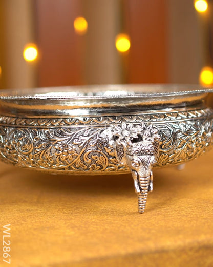 German Silver Antique Floral Urli with Elephant Stand - 11.5 inch - WL2867
