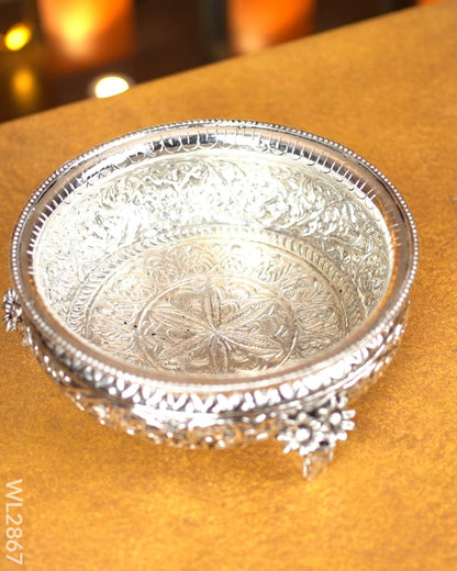 German Silver Antique Floral Urli with Elephant Stand - 11.5 inch - WL2867