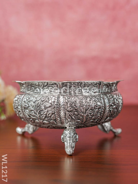 German Silver Antique Floral Urli with Elephant Stand - 8.5 inch - WL1217
