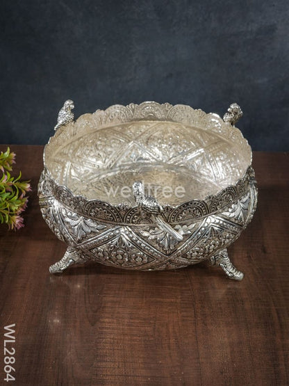 German Silver Antique Floral Urli with Elephant Stand - 9 inch - WL2864