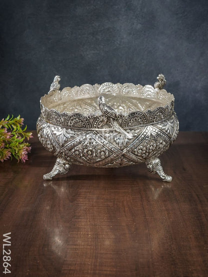 German Silver Antique Floral Urli with Elephant Stand - 9 inch - WL2864