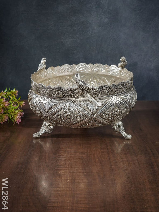 German Silver Antique Floral Urli with Elephant Stand - 9 inch - WL2864