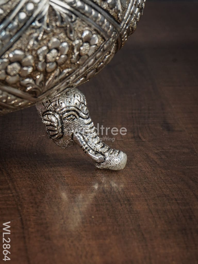 German Silver Antique Floral Urli with Elephant Stand - 9 inch - WL2864