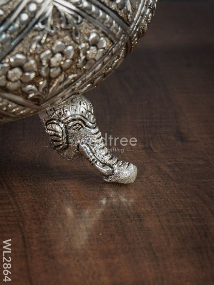 German Silver Antique Floral Urli with Elephant Stand - 9 inch - WL2864