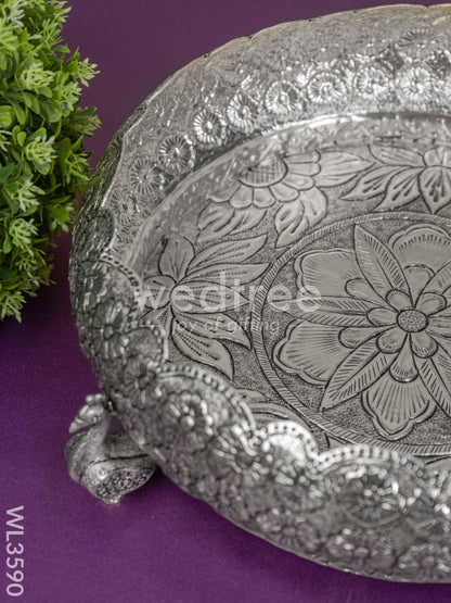 German Silver Antique Floral Urli with Peacock Stand - 11 inch - WL3590