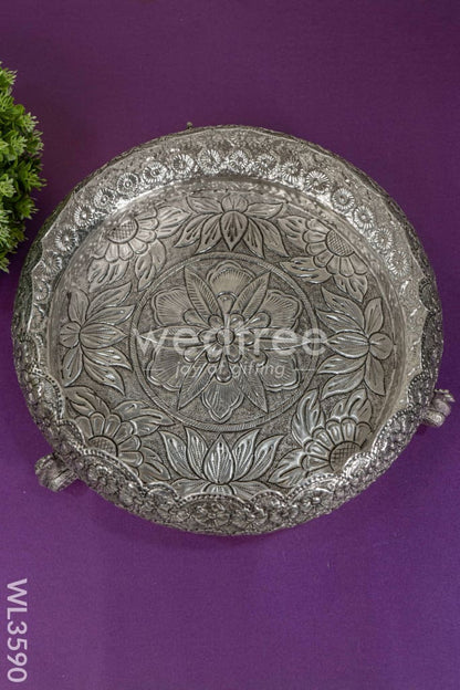 German Silver Antique Floral Urli with Peacock Stand - 11 inch - WL3590