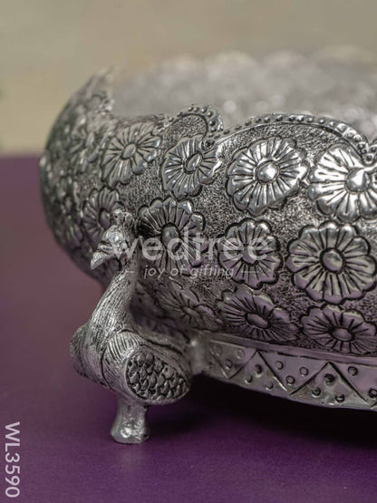 German Silver Antique Floral Urli with Peacock Stand - 11 inch - WL3590