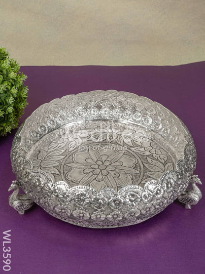 German Silver Antique Floral Urli with Peacock Stand - 11 inch - WL3590