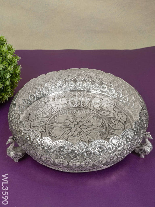 German Silver Antique Floral Urli with Peacock Stand - 11 inch - WL3590