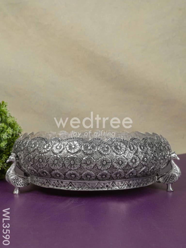 German Silver Antique Floral Urli with Peacock Stand - 11 inch - WL3590
