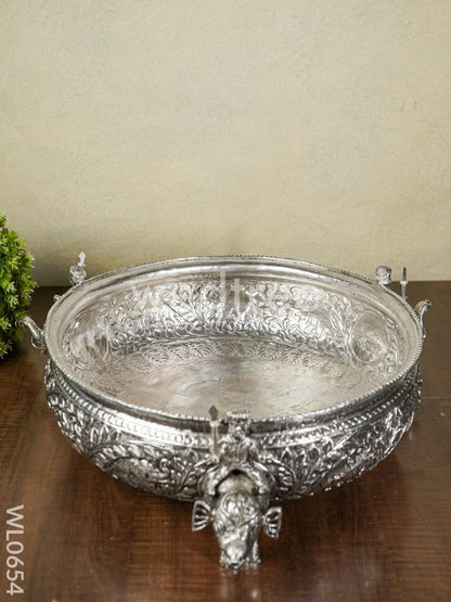 German Silver Antique Urli with Elephant Stand - 14 inch - WL0654