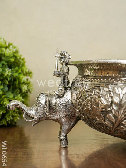 German Silver Antique Urli with Elephant Stand - 14 inch - WL0654