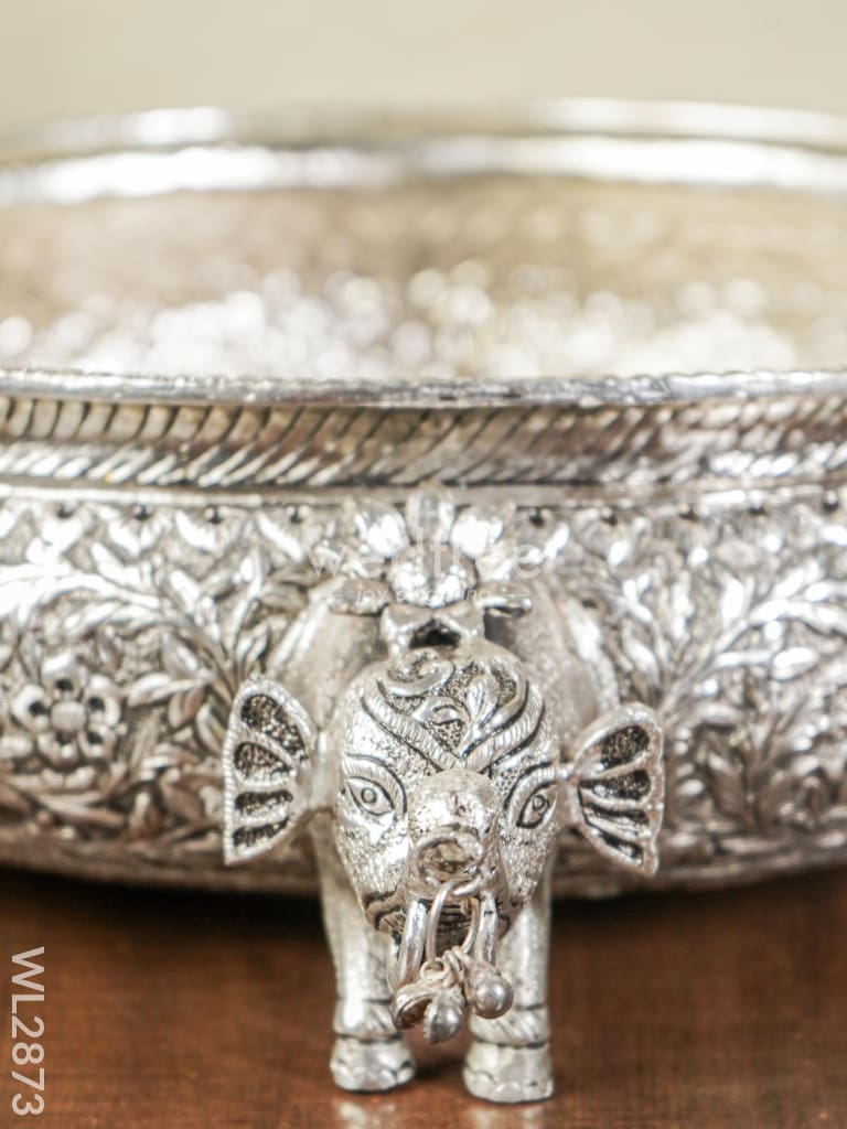 German Silver Antique Urli with Elephant Stand - 14 inch - WL2873