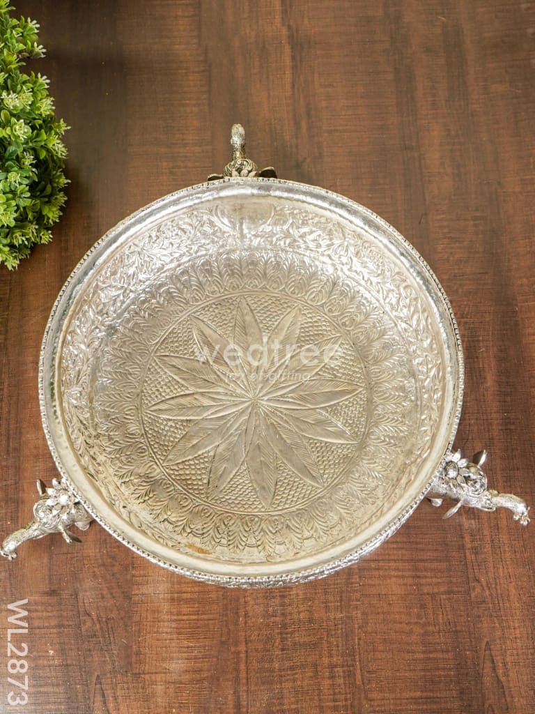German Silver Antique Urli with Elephant Stand - 14 inch - WL2873