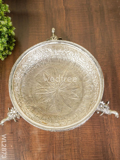 German Silver Antique Urli with Elephant Stand - 14 inch - WL2873