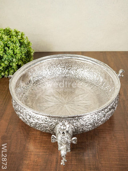German Silver Antique Urli with Elephant Stand - 14 inch - WL2873