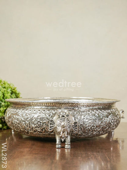German Silver Antique Urli with Elephant Stand - 14 inch - WL2873